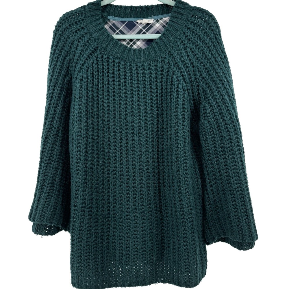 Oddi Women XL Chunky Knit Crochet Sweater Plaid Back‎ Green Cottagecore Boho